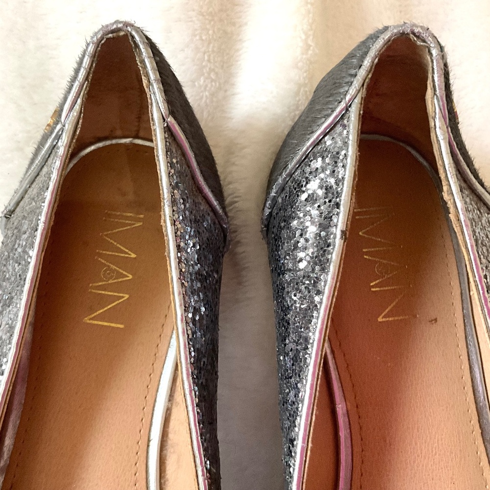 Gray IMAN Slip On Calf Hair Glittery Loafer Flats - Picture 5 of 14